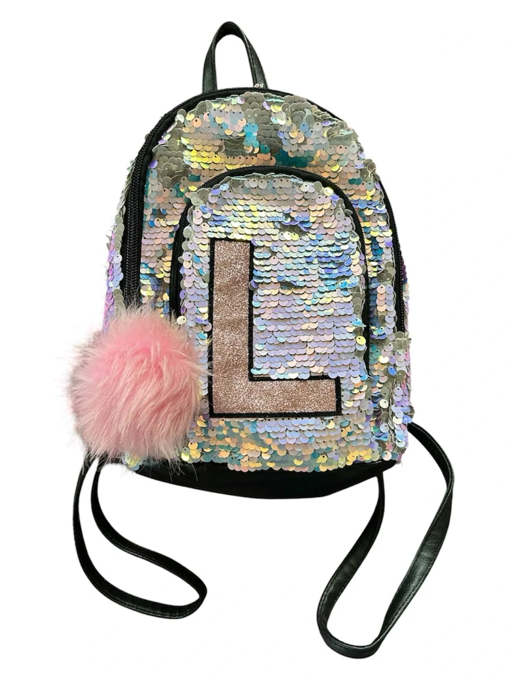 Justice | Girls Iridescent Sequin Mini Backpack with Pink Pom Pom and Letter L
